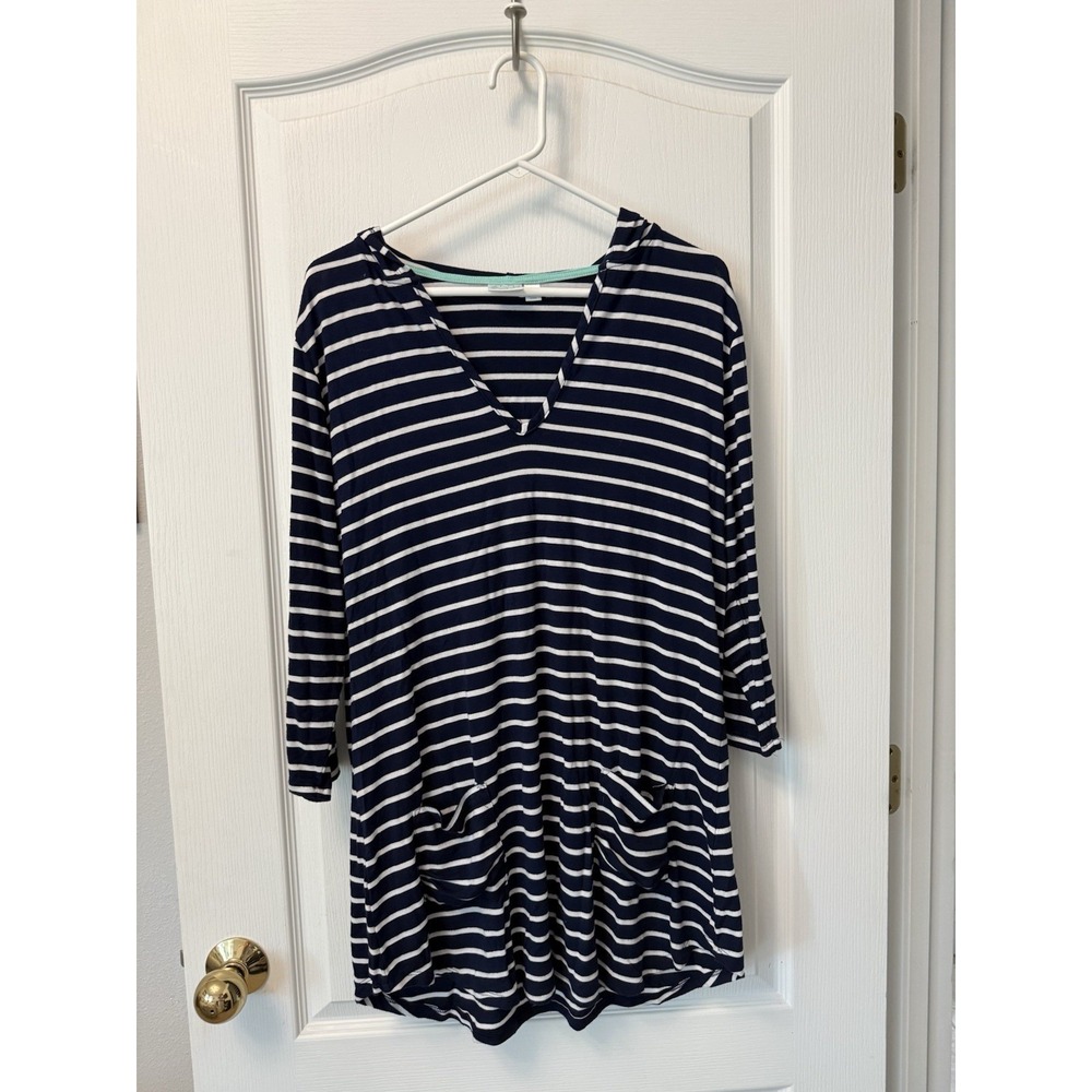 Beach Break Navy White Striped Hooded Tunic V-Neck 3/4 Sleeve Pockets Large
